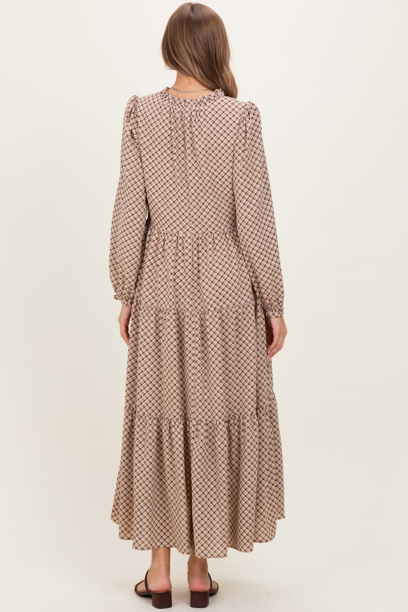 Taupe Plaid Tie Collar Tiered Maternity Maxi Dress