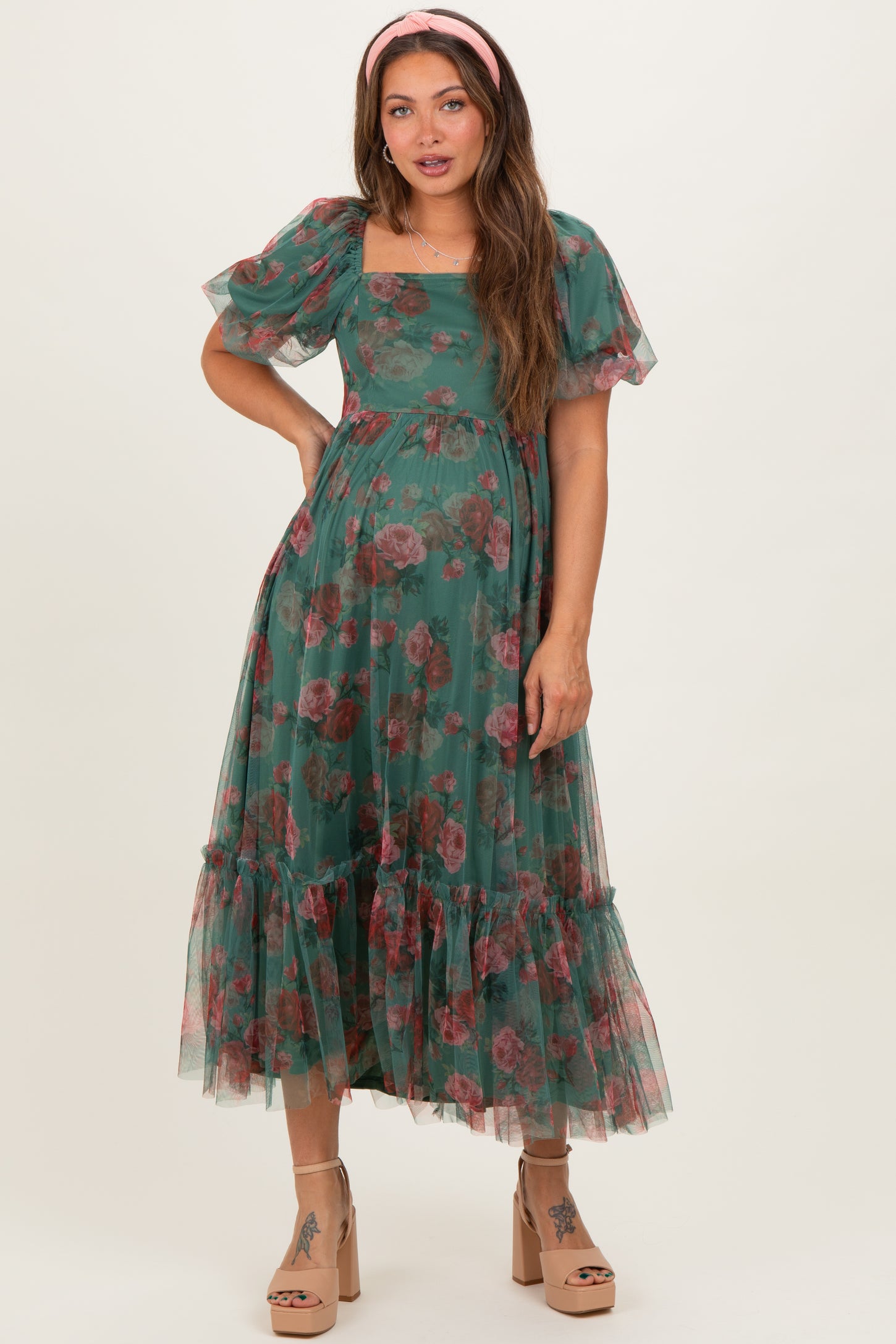 Forest Green Rose Print Tulle Overlay Maternity Midi Dress