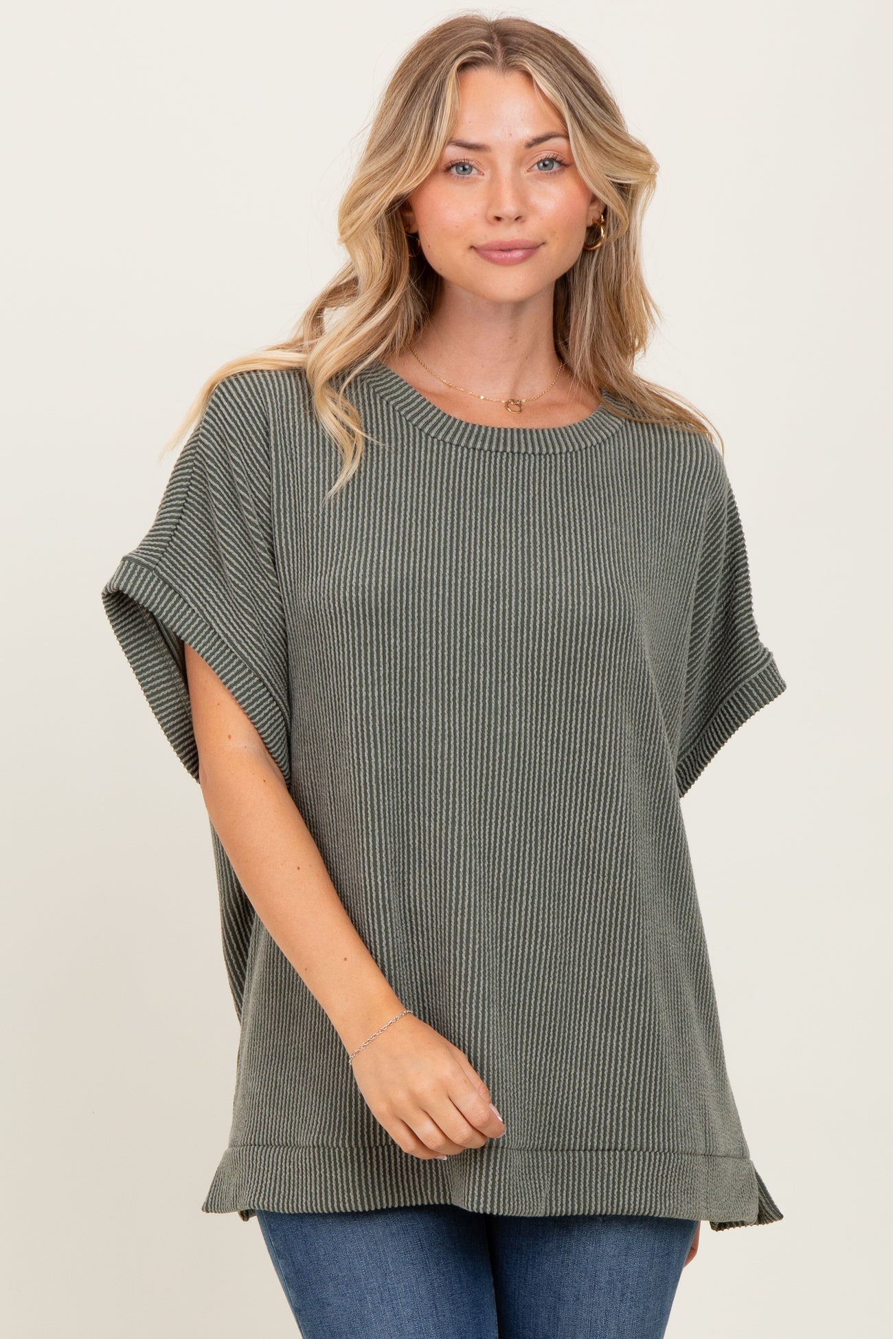 Olive Solid Ribbed Short Sleeve Oversized Maternity Tunic Top