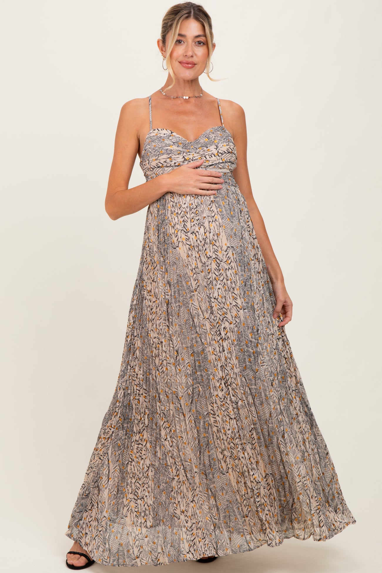 Beige Floral Cutout Tie Back Maternity Maxi Dress