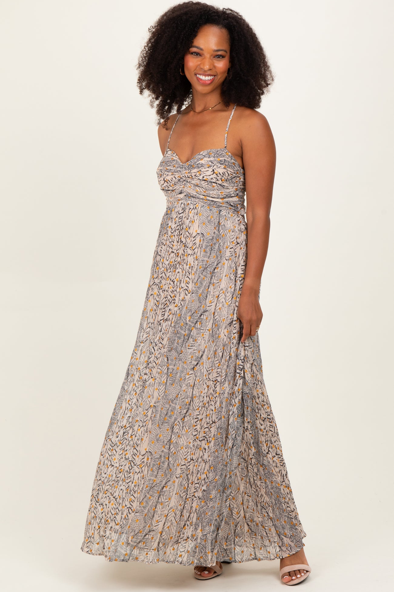 Beige Floral Cutout Tie Back Maxi Dress