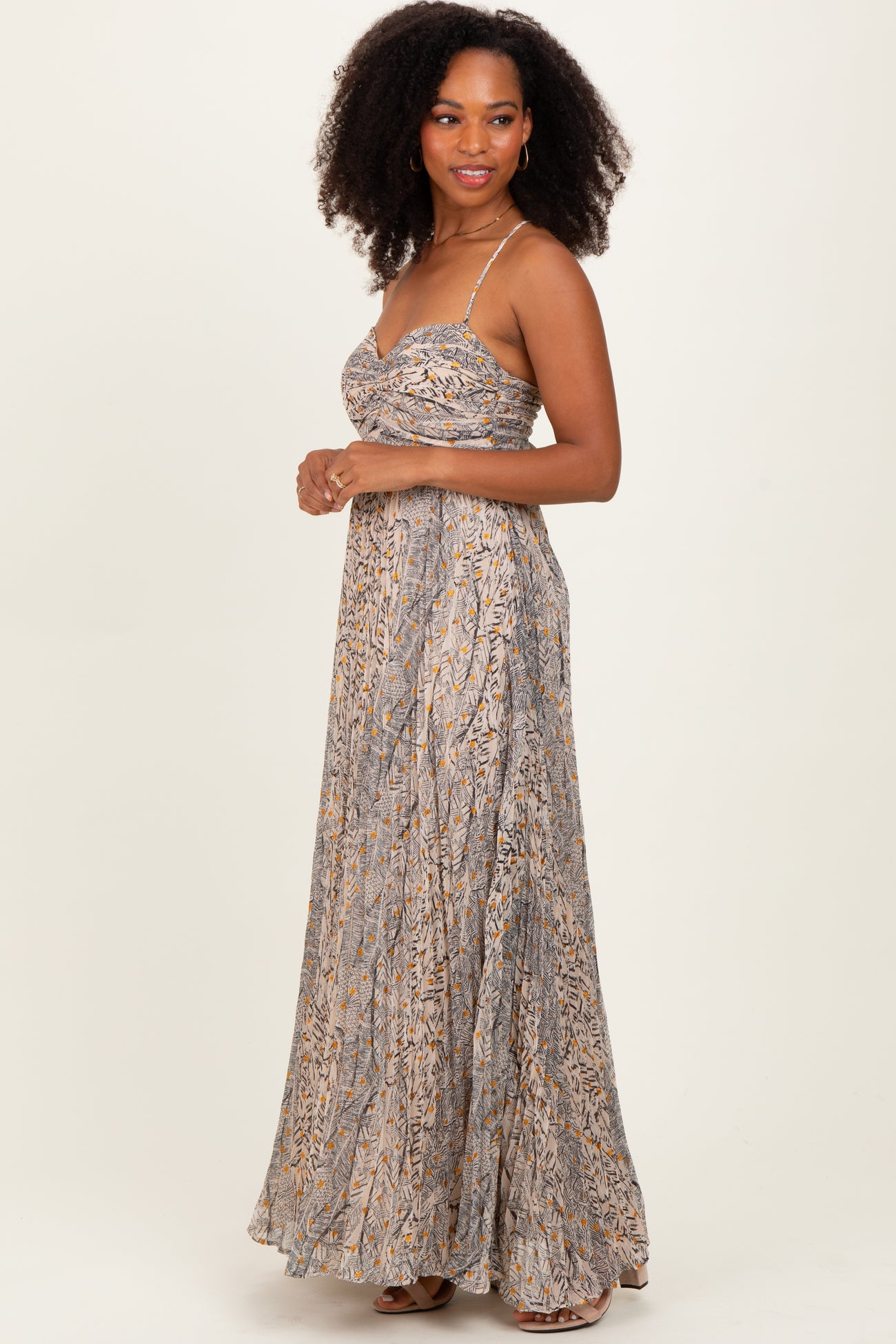 Beige Floral Cutout Tie Back Maxi Dress