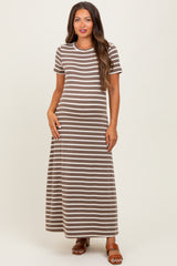 woman wearing a brown and cream striped maternity maxi dress with short sleeves