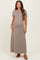woman wearing a brown and cream striped maternity maxi dress with short sleeves