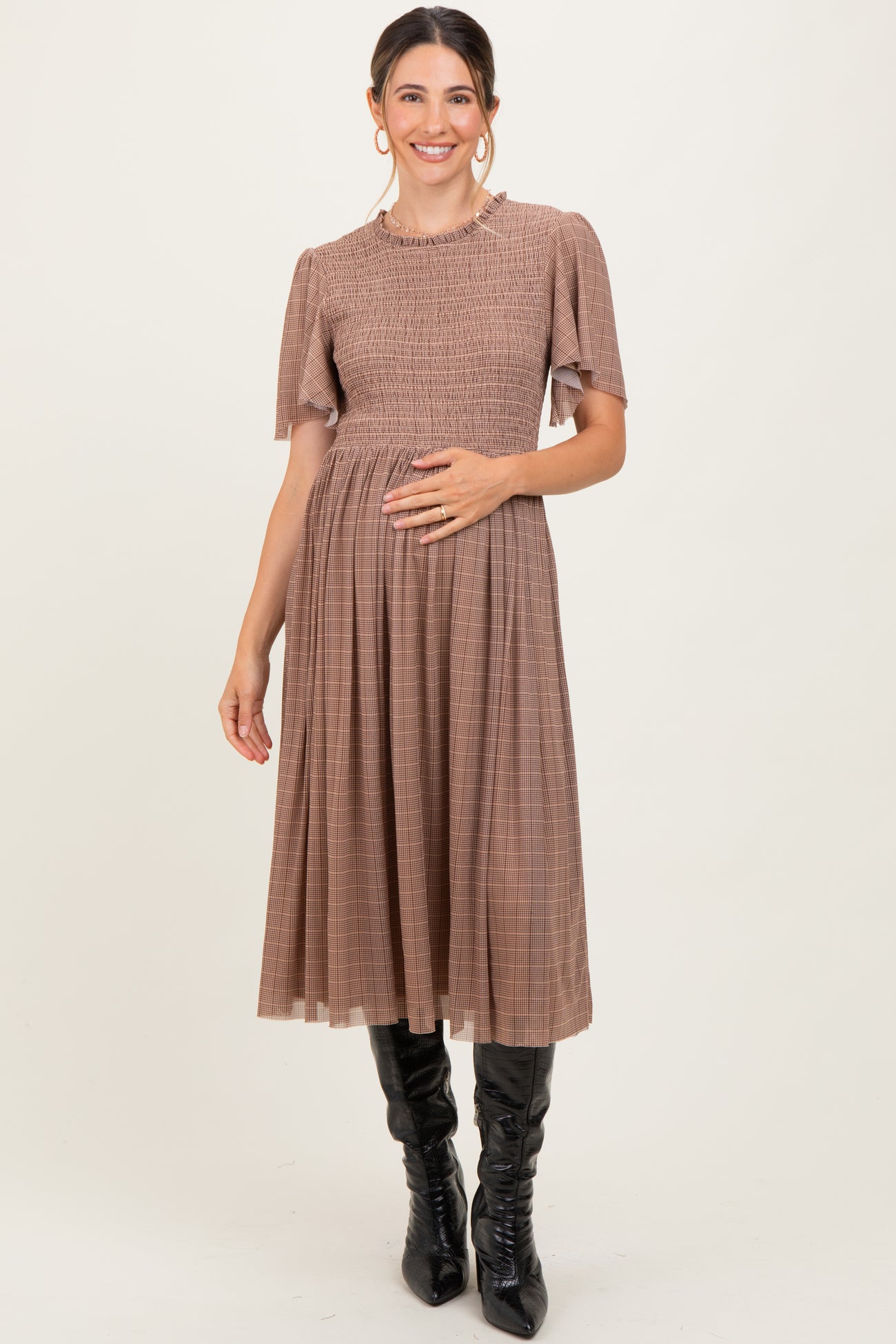 Beige Plaid Smocked Mesh Maternity Midi Dress