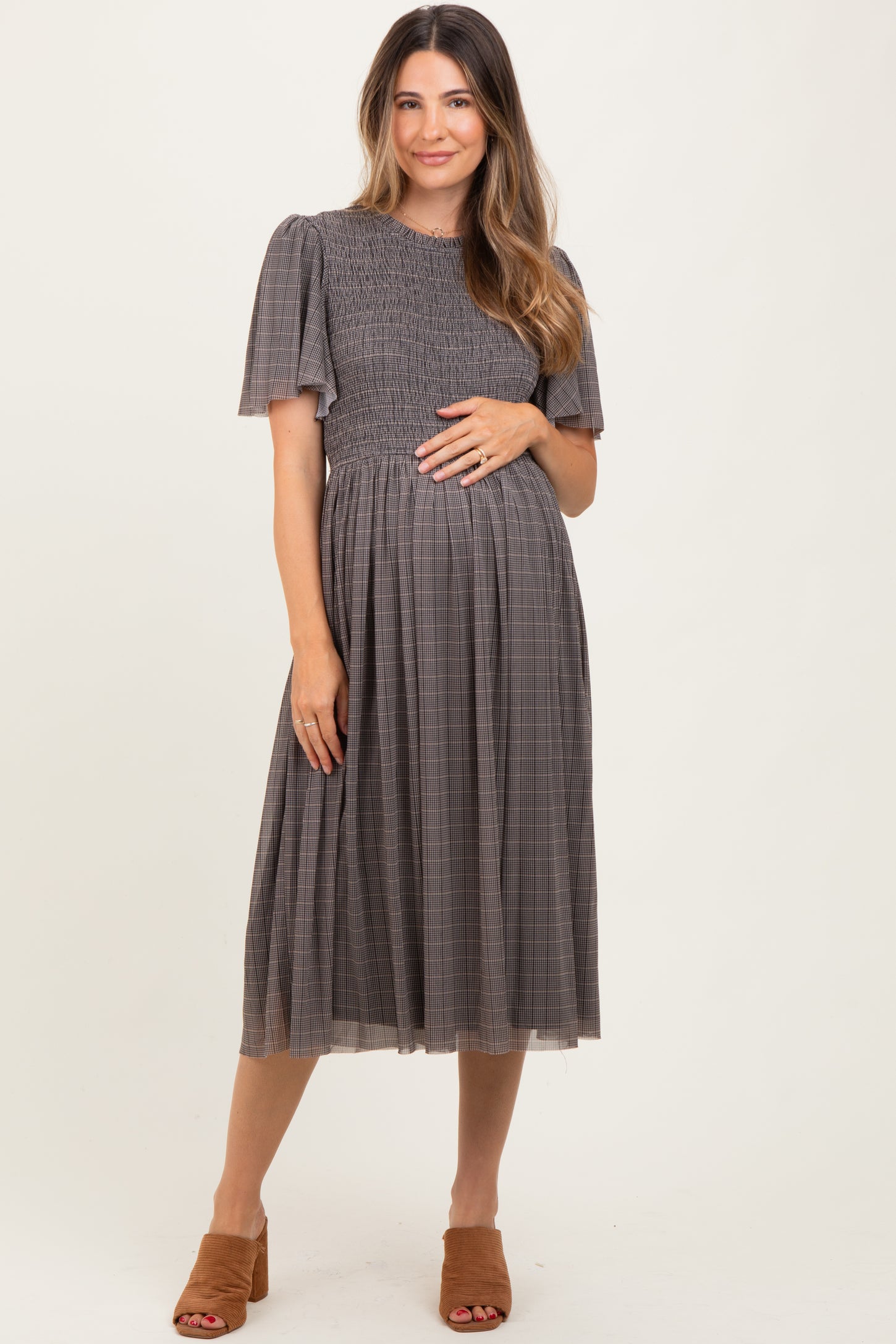 Black Plaid Smocked Mesh Maternity Midi Dress