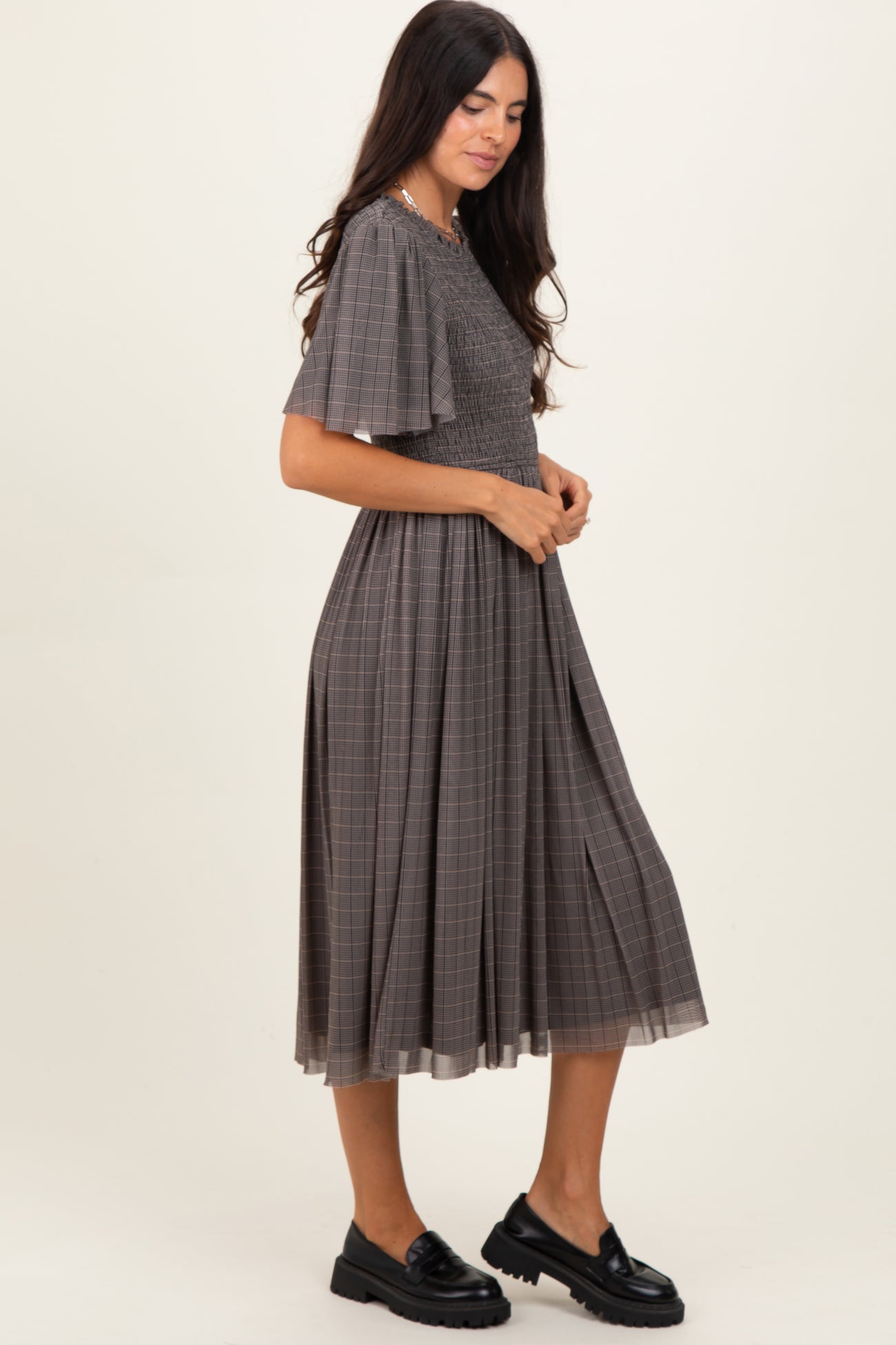 Black Plaid Smocked Mesh Midi Dress