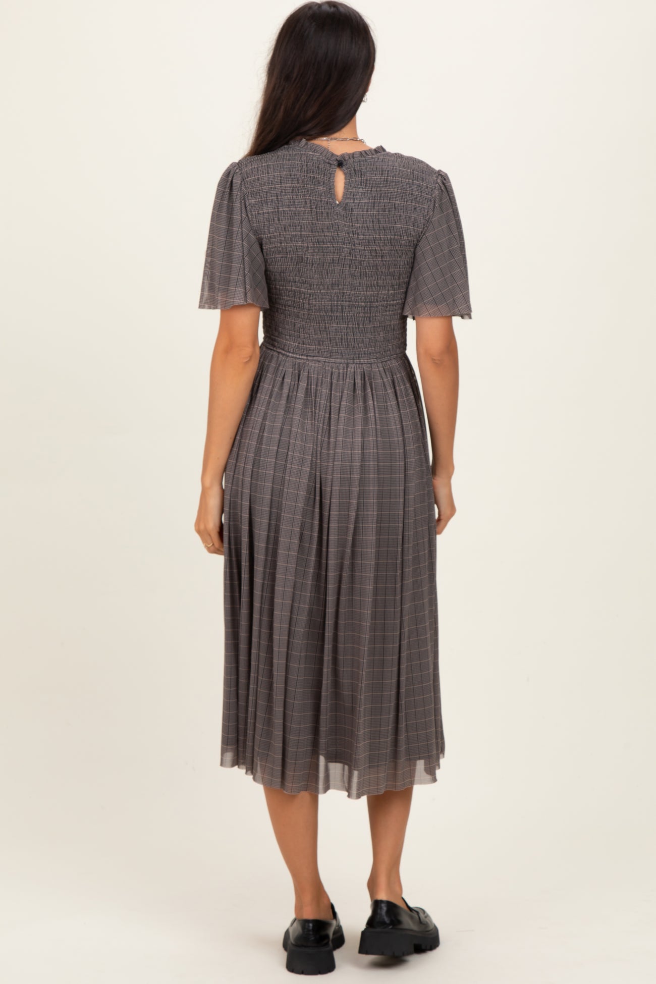 Black Plaid Smocked Mesh Midi Dress