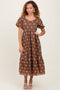 Brown Floral Embroidered Tiered Midi Dress