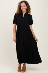 Black Collared Button Down Tiered Maternity Midi Dress