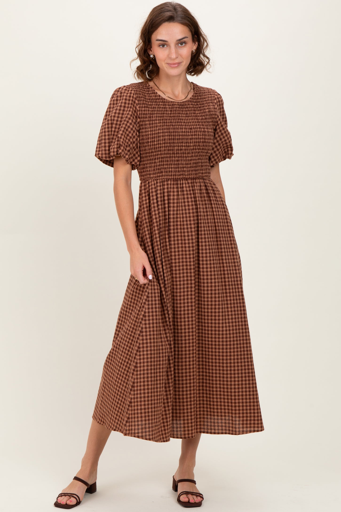 Brown Gingham Smocked Tiered Midi Dress