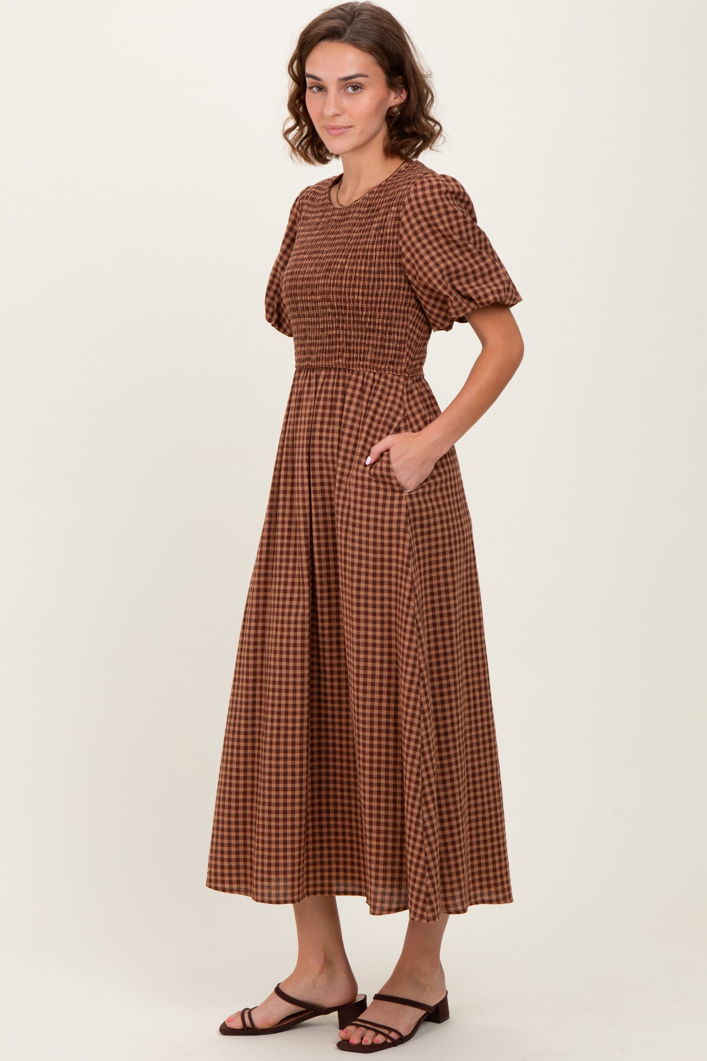 Brown Gingham Smocked Tiered Midi Dress
