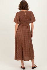 Brown Gingham Smocked Tiered Midi Dress