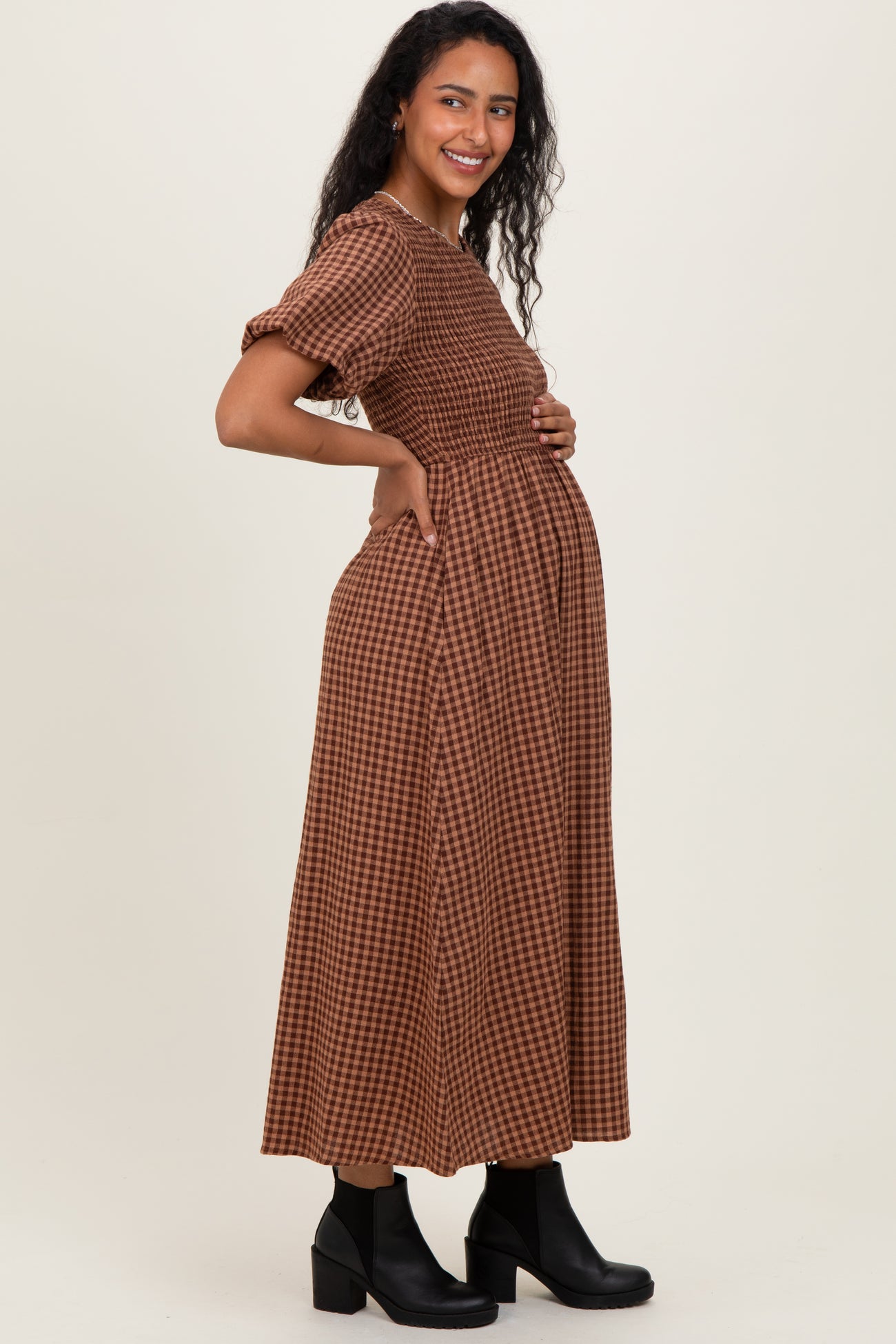 Brown Gingham Smocked Tiered Maternity Midi Dress