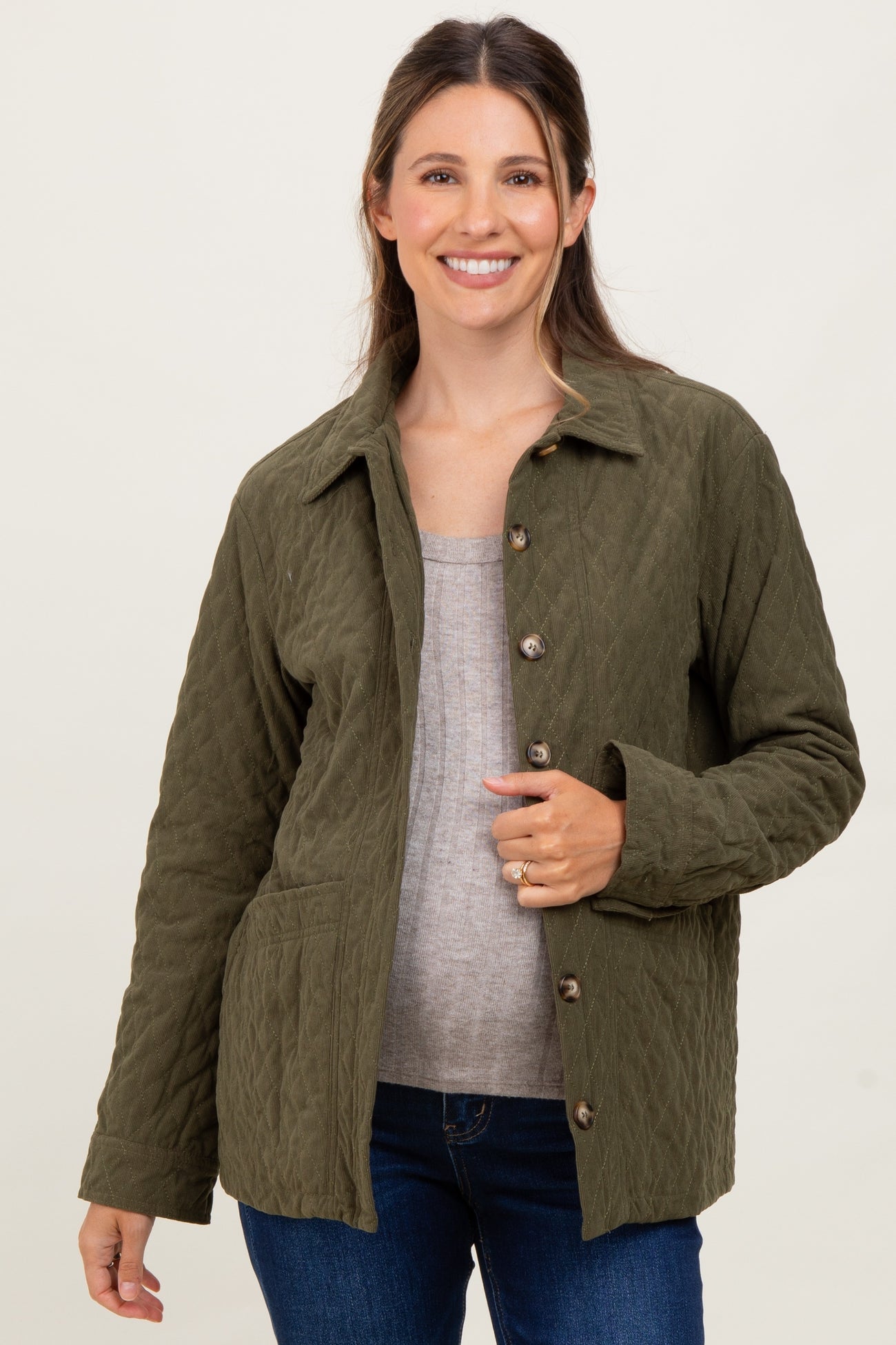 Olive Quilted Button Maternity Jacket