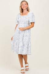 Ivory Floral Smocked Flutter Sleeve Maternity Midi Dress