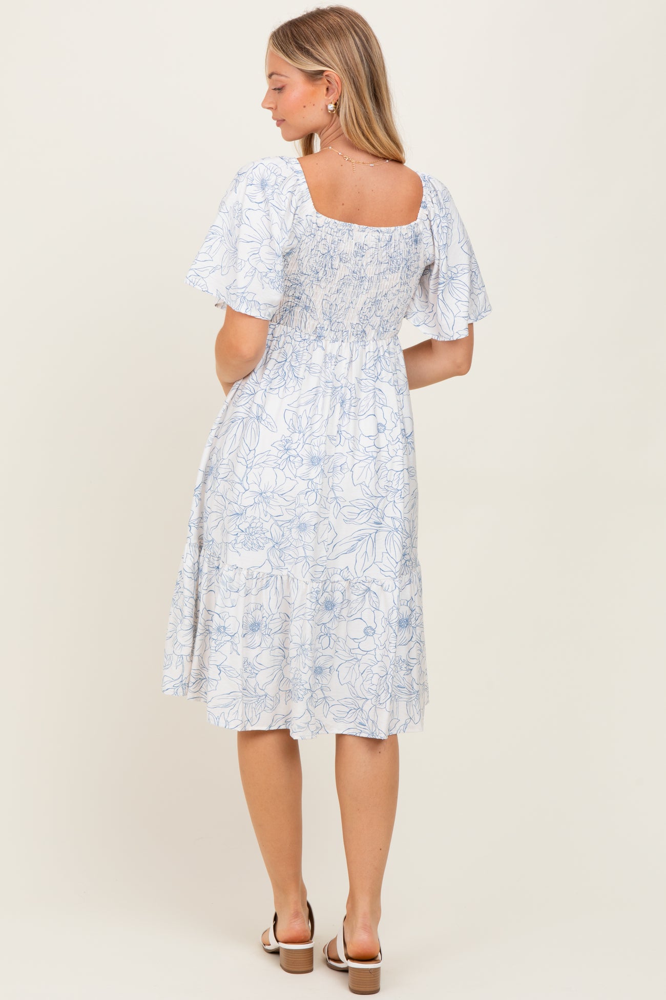 Ivory Floral Smocked Flutter Sleeve Midi Dress