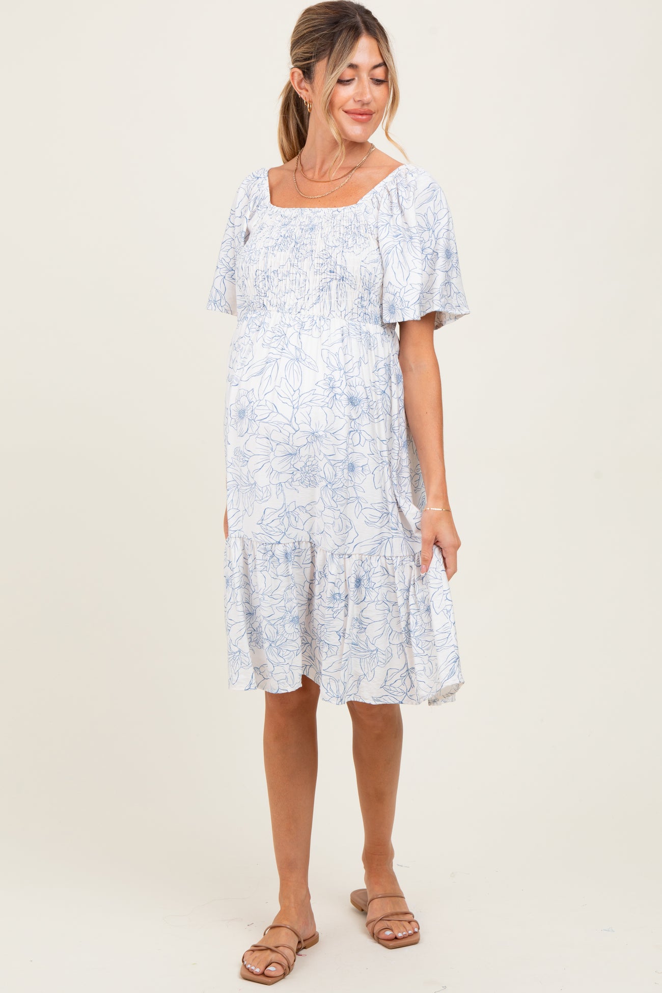 Ivory Floral Smocked Flutter Sleeve Maternity Midi Dress