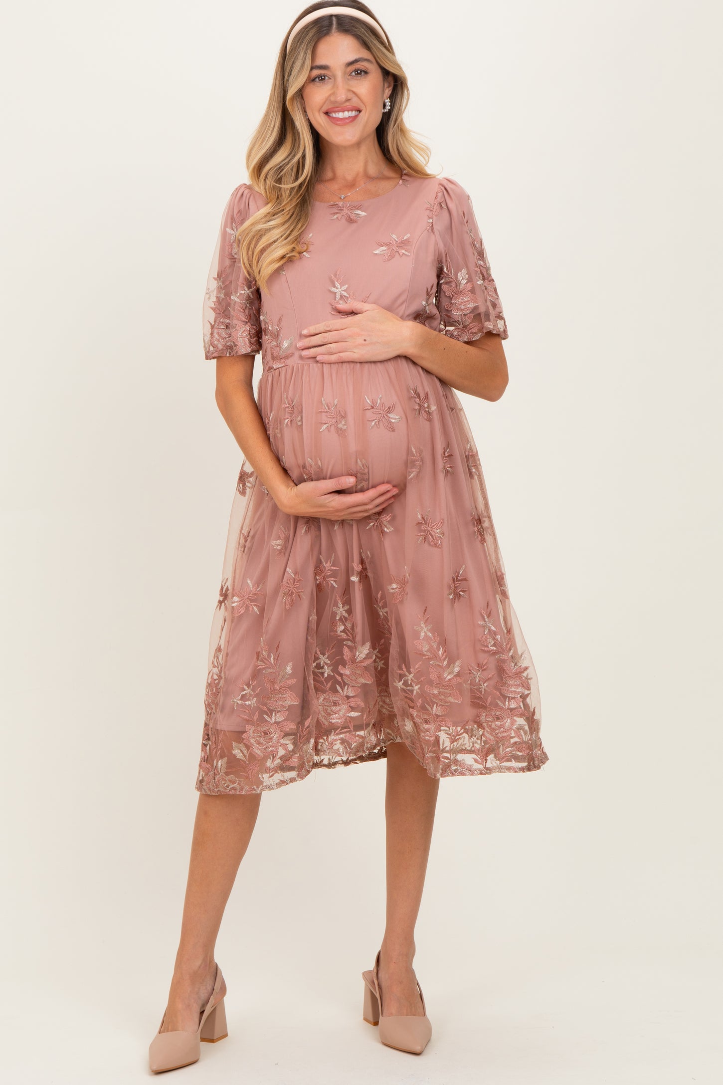 Light Pink Floral Embroidered Mesh Maternity Midi Dress