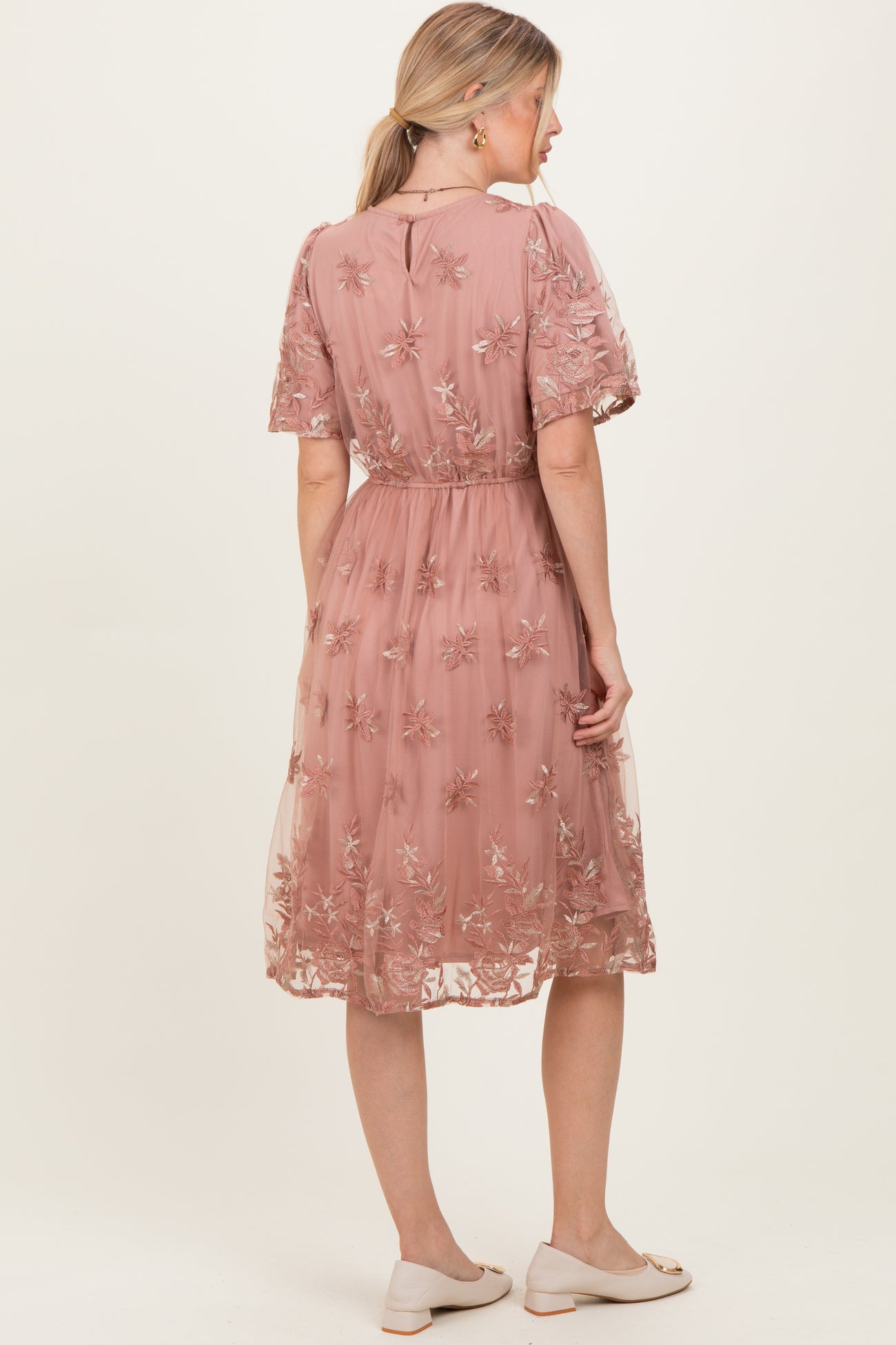Light Pink Floral Embroidered Mesh Midi Dress