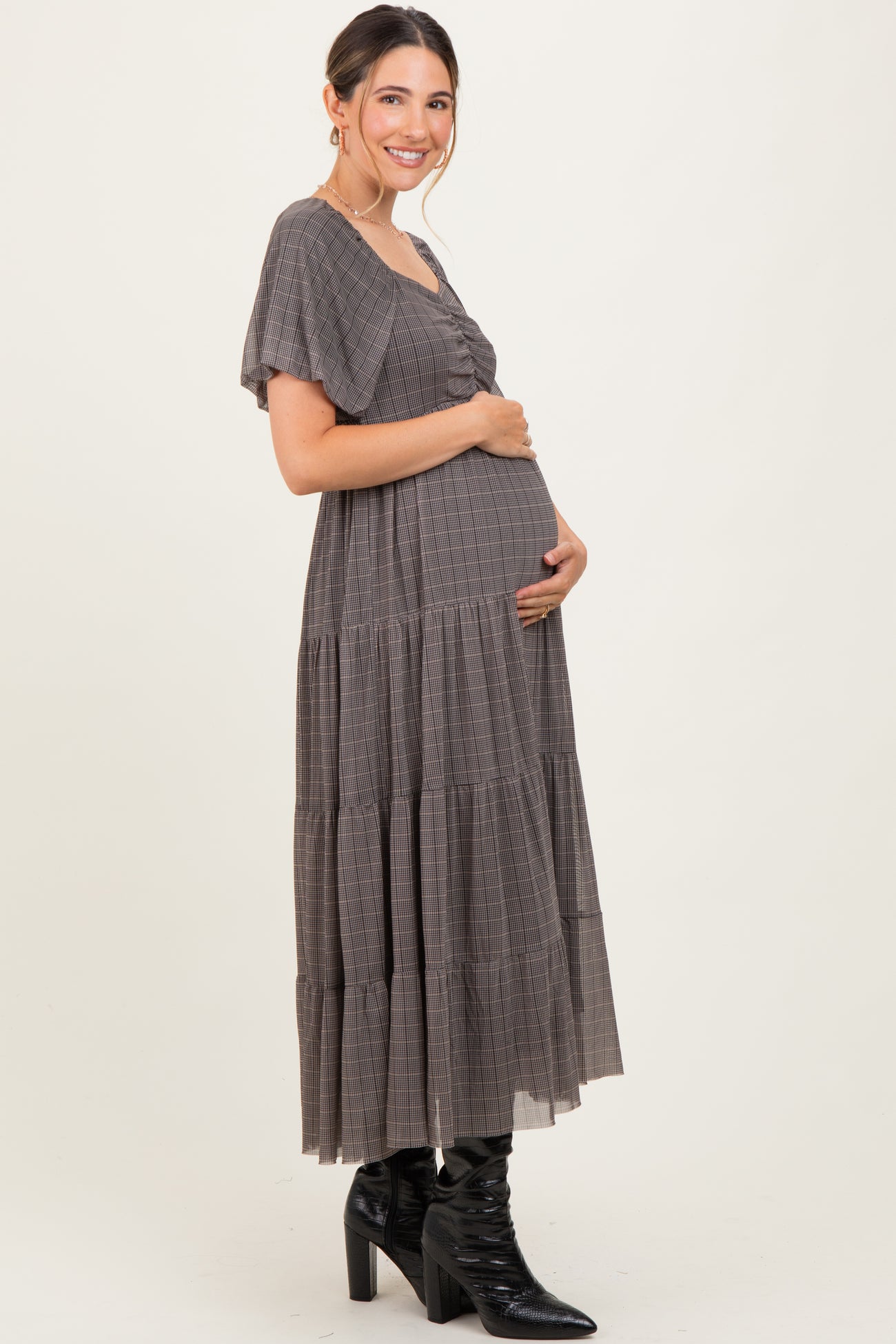 Black Plaid Mesh Tiered Maternity Maxi Dress