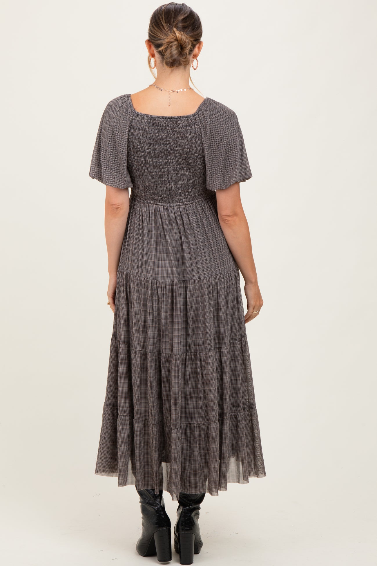 Black Plaid Mesh Tiered Maternity Maxi Dress