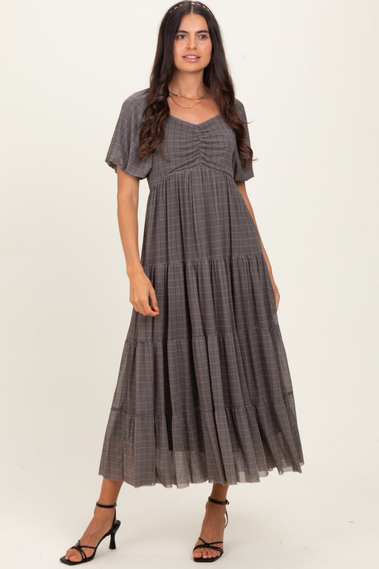 Black Plaid Mesh Tiered Maternity Maxi Dress