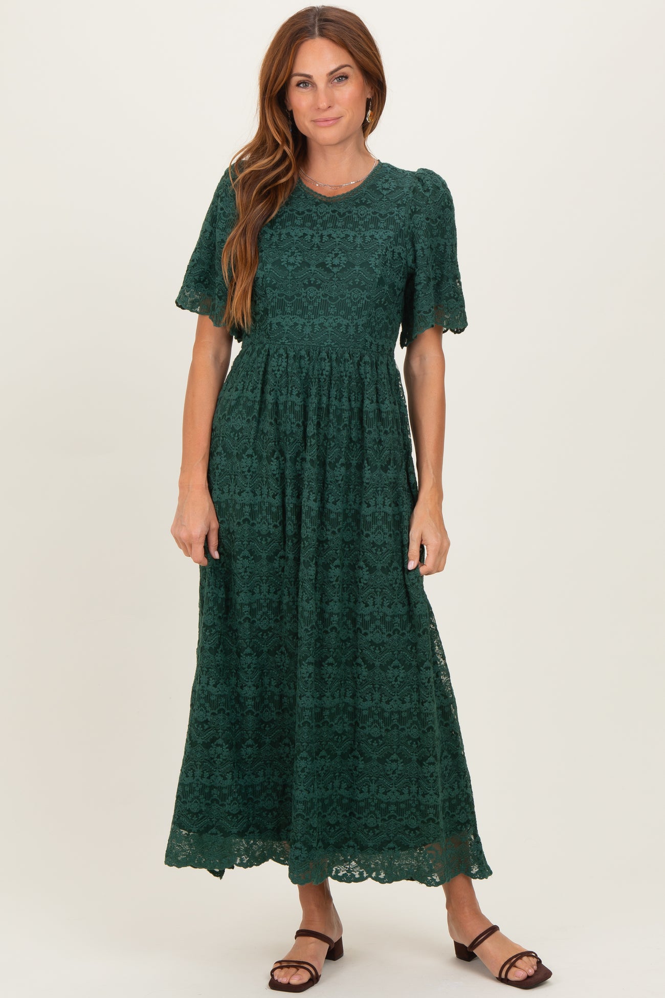 Forest Green Floral Lace Maternity Midi Dress