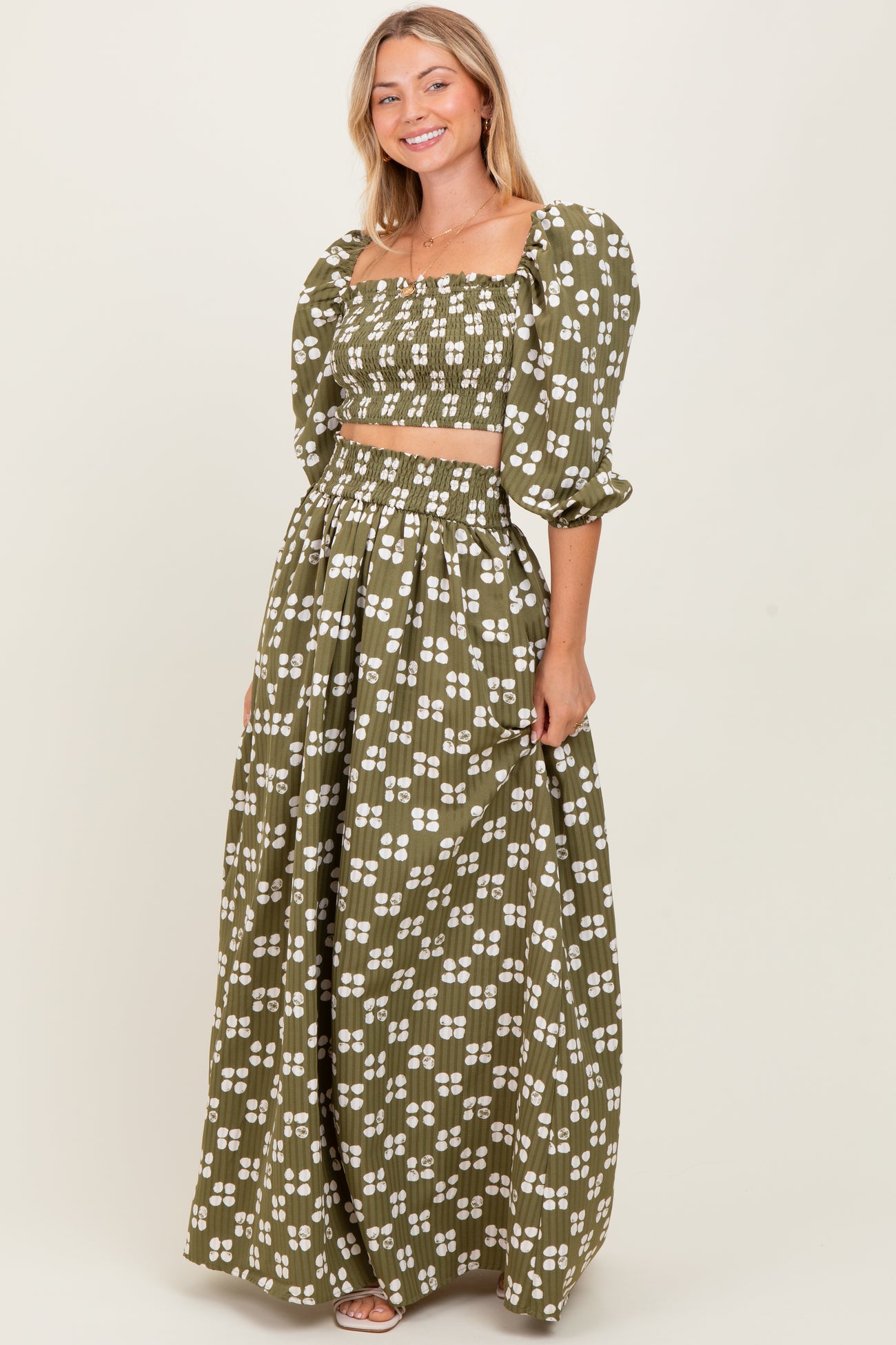 Olive Printed Smocked Crop Top Maxi Skirt Set