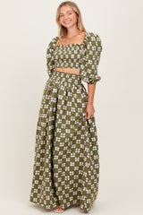 Olive Printed Smocked Crop Top Maxi Skirt Set