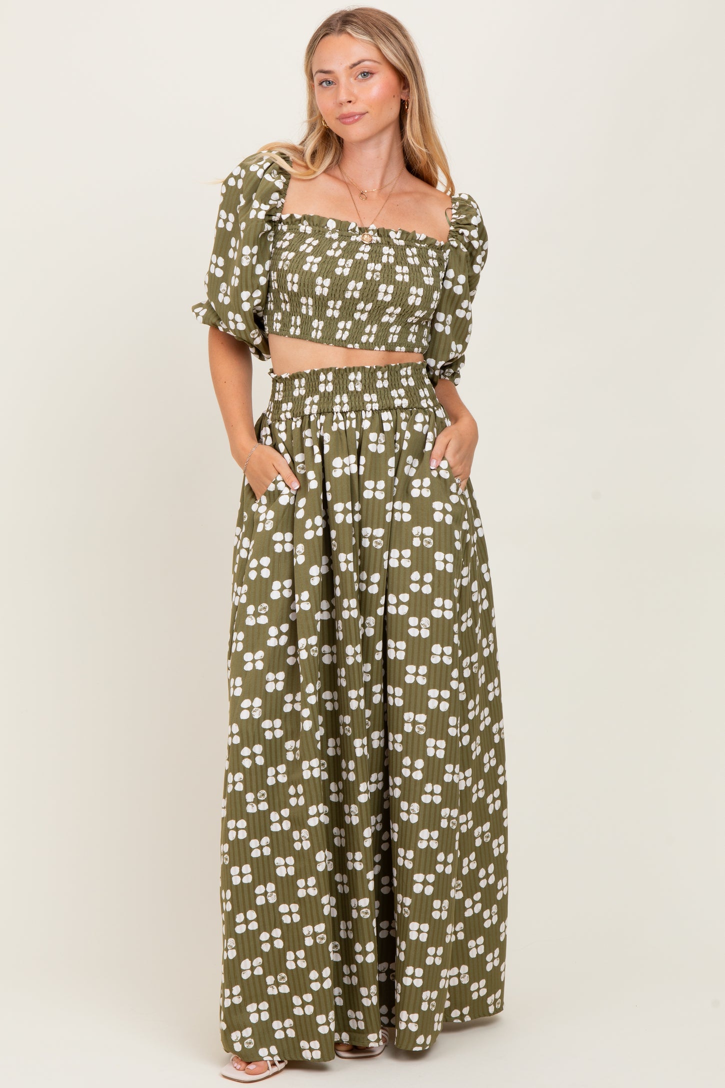 Olive Printed Smocked Crop Top Maxi Skirt Set