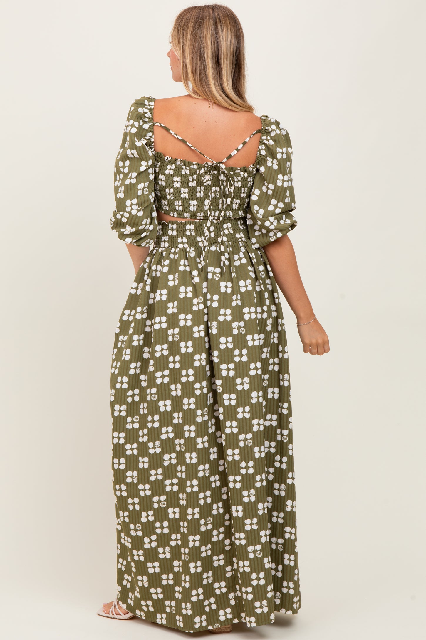 Olive Printed Smocked Crop Top Maxi Skirt Set