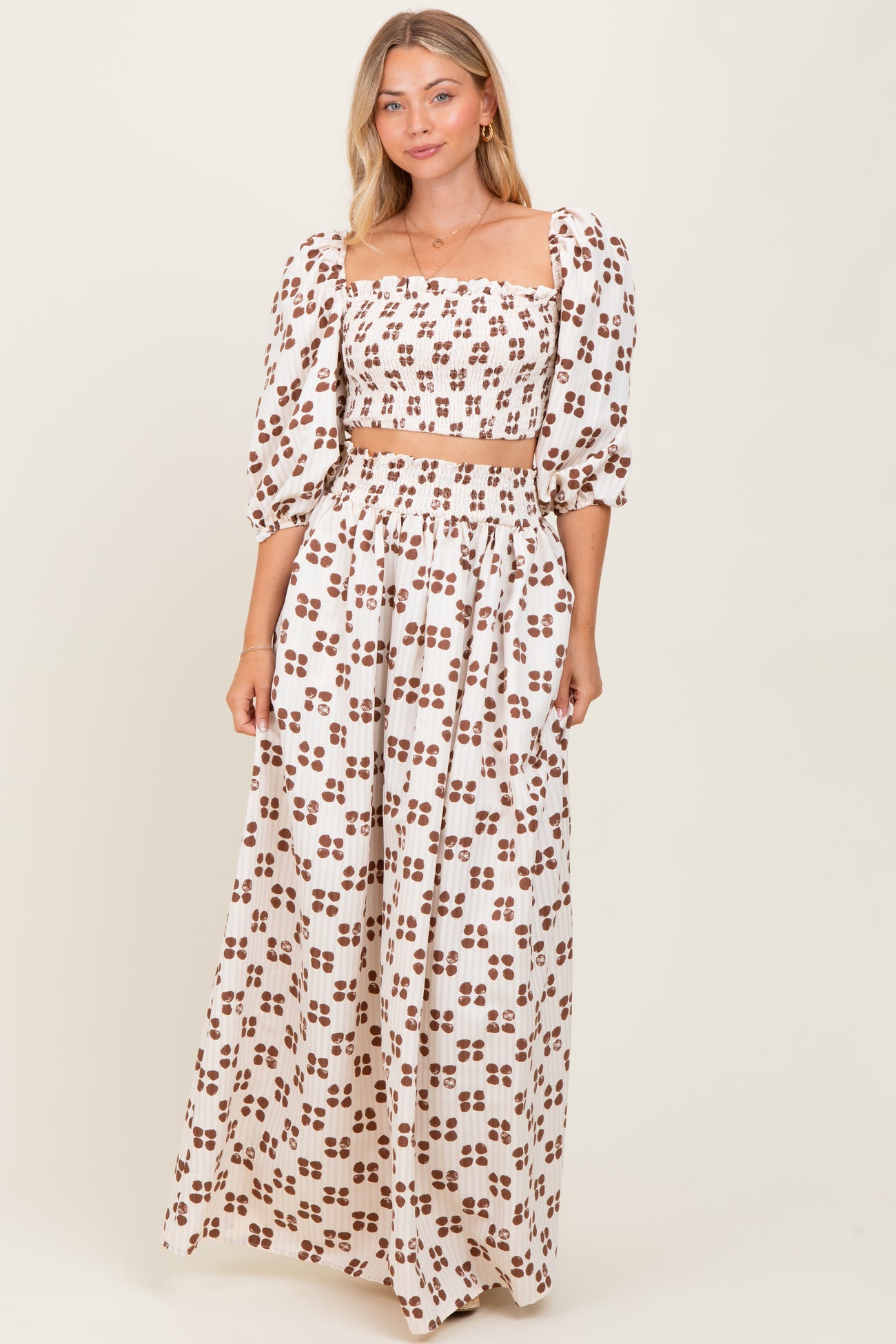 Brown Printed Smocked Crop Top Maxi Skirt Maternity Set