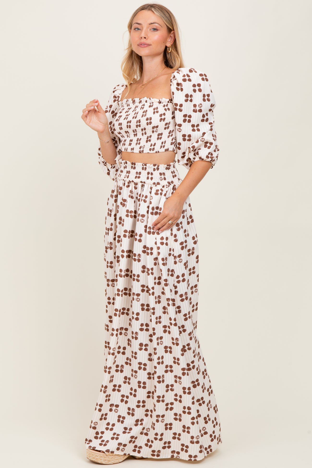 Brown Printed Smocked Crop Top Maxi Skirt Set