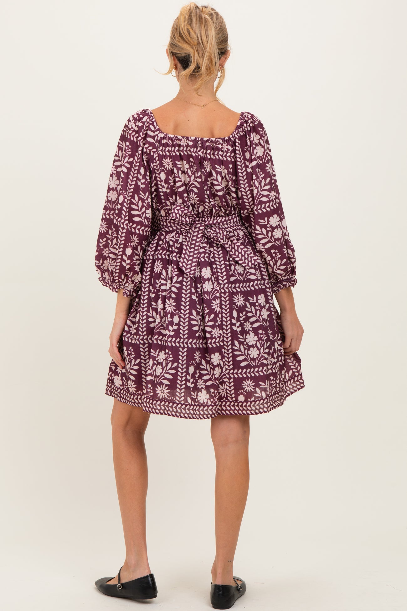 Plum Floral Square Neck Bubble Sleeve Maternity Dress