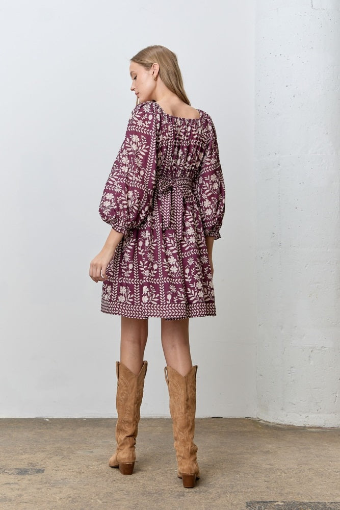 Plum Floral Square Neck Bubble Sleeve Dress