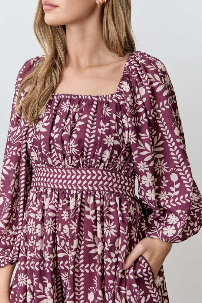 Plum Floral Square Neck Bubble Sleeve Dress