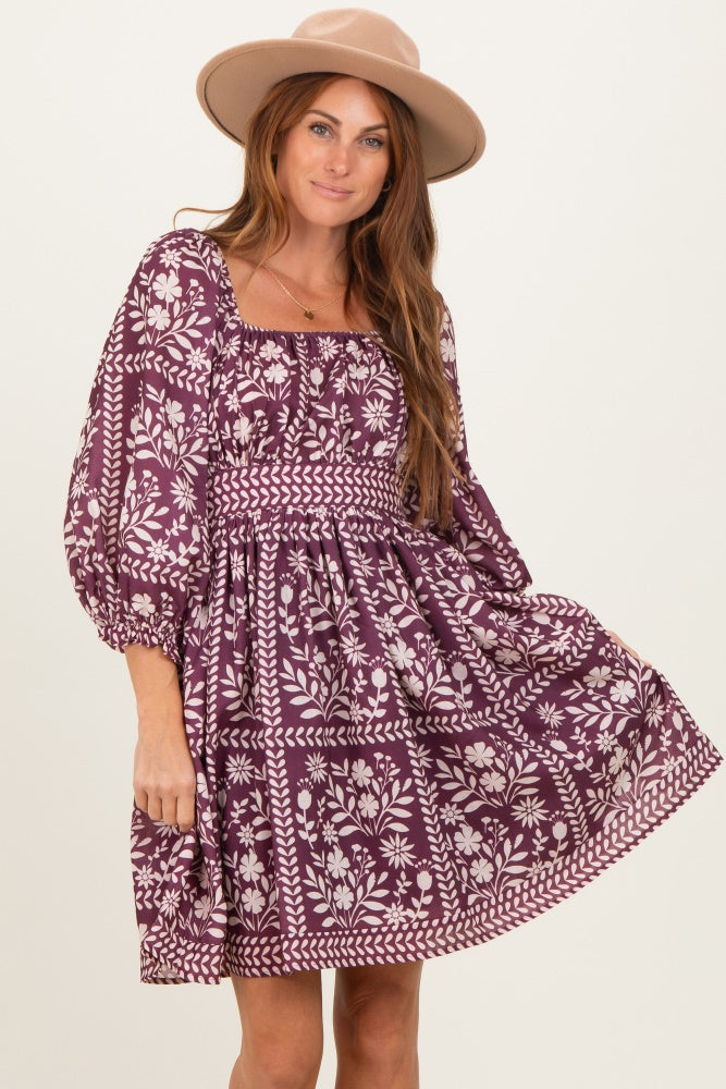 Plum Floral Square Neck Bubble Sleeve Dress