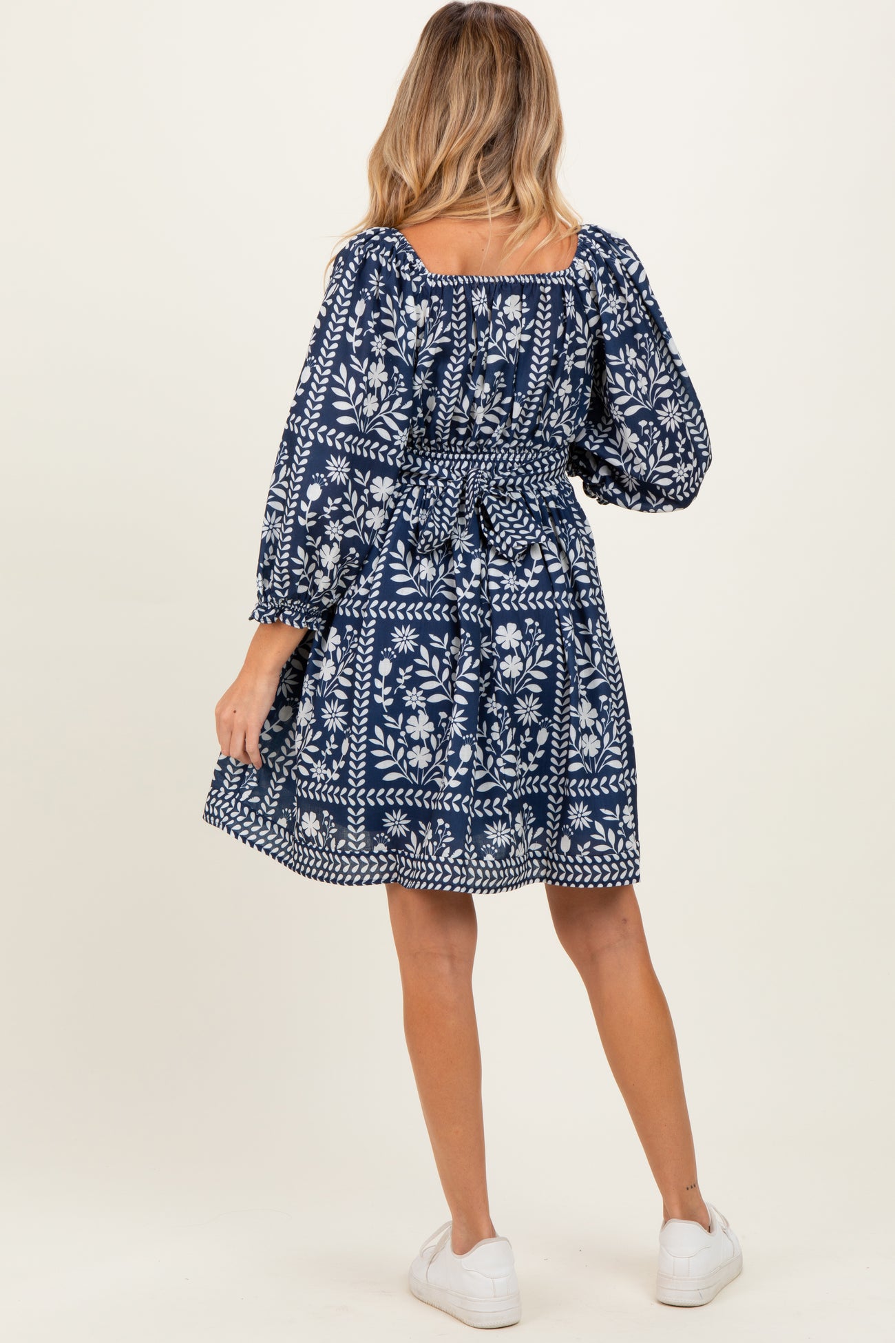 Light Navy Floral Square Neck Bubble Sleeve Maternity Dress
