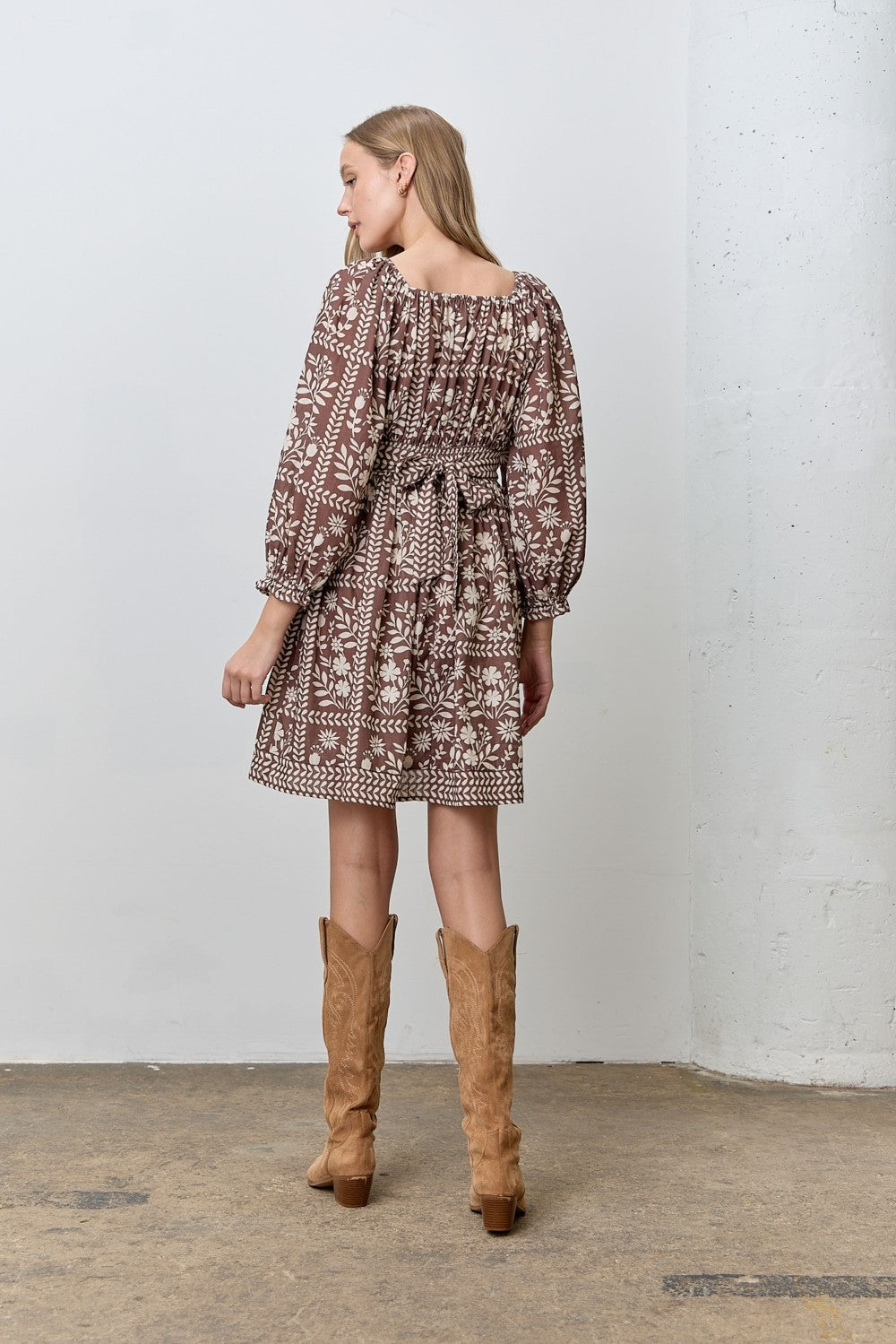 Brown Floral Square Neck Bubble Sleeve Dress