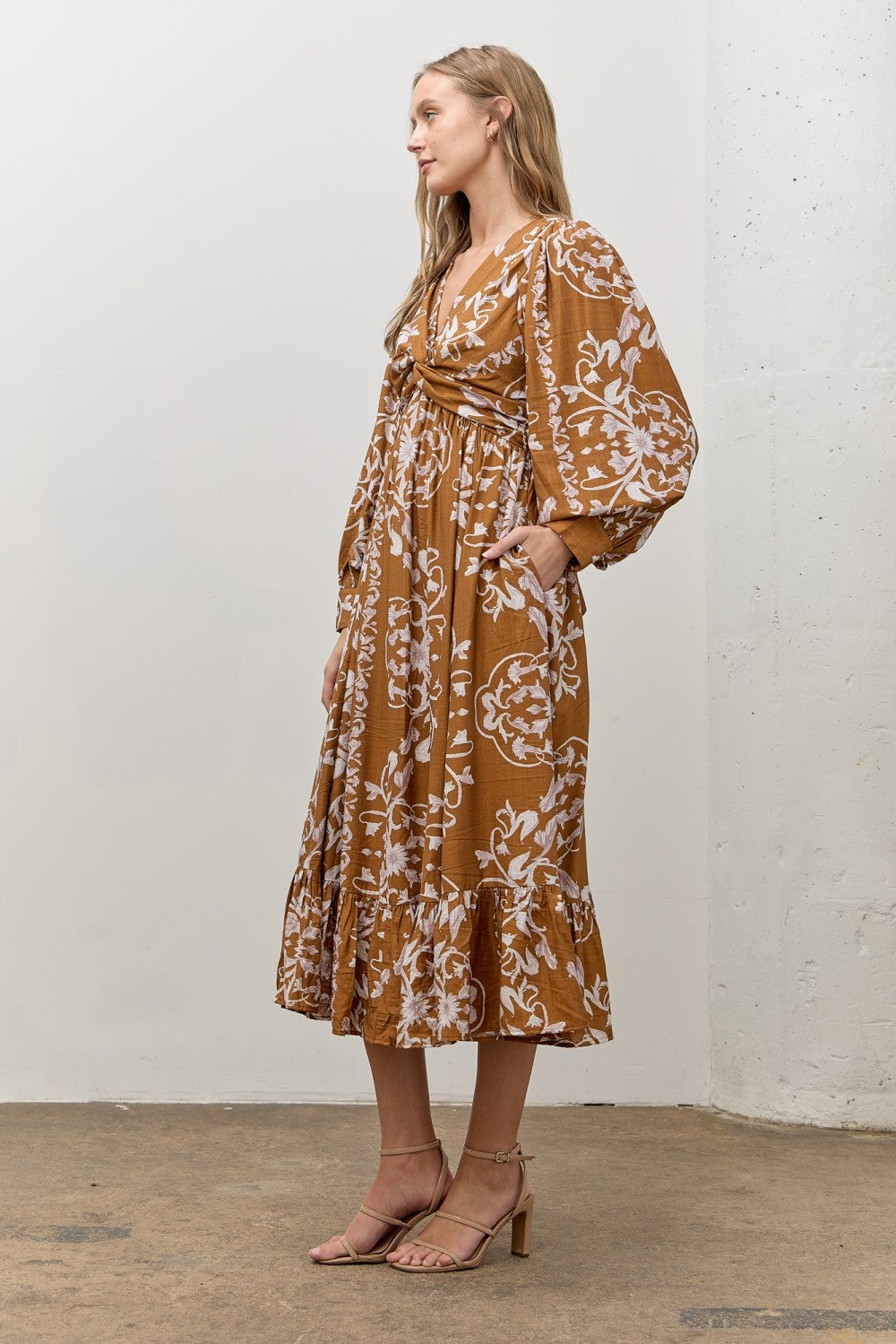Camel Floral Twist Front Long Sleeve Midi Dress