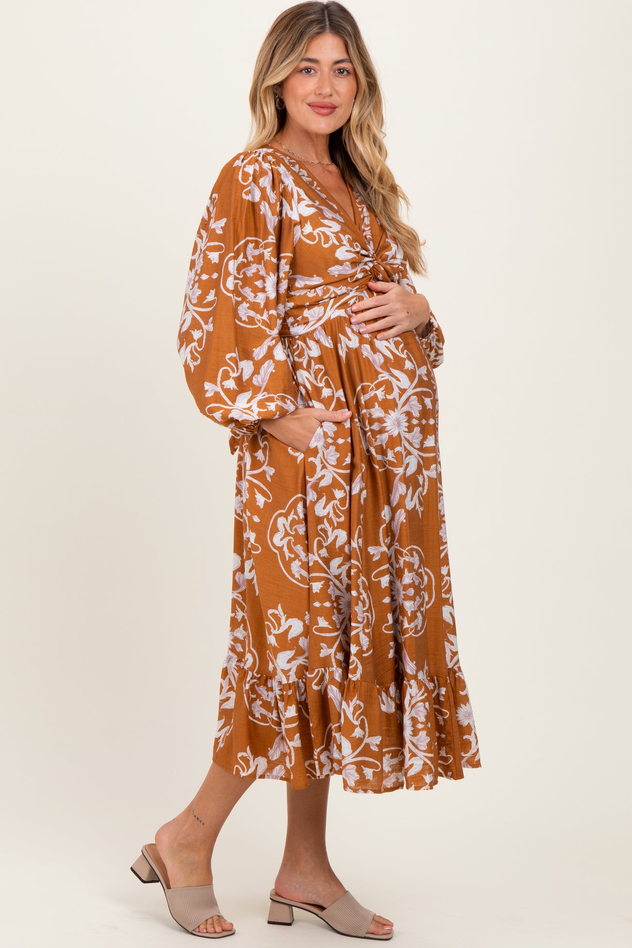 Camel Floral Twist Front Long Sleeve Maternity Midi Dress