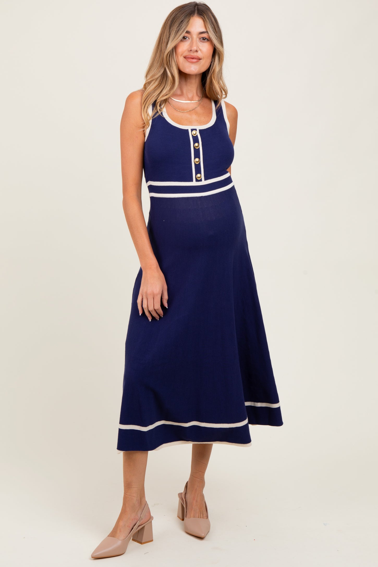 Navy Ribbed Knit Button Accent Sleeveless Maternity Midi Dress