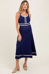 Navy Ribbed Knit Button Accent Sleeveless Maternity Midi Dress