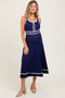Navy Ribbed Knit Button Accent Sleeveless Maternity Midi Dress