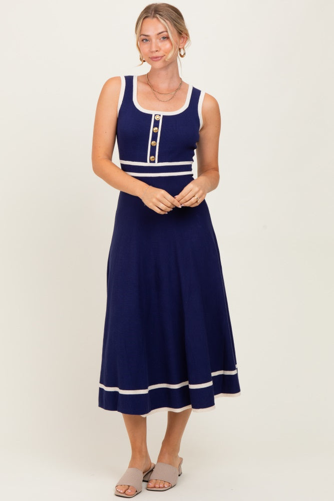 Navy Ribbed Knit Button Accent Sleeveless Midi Dress