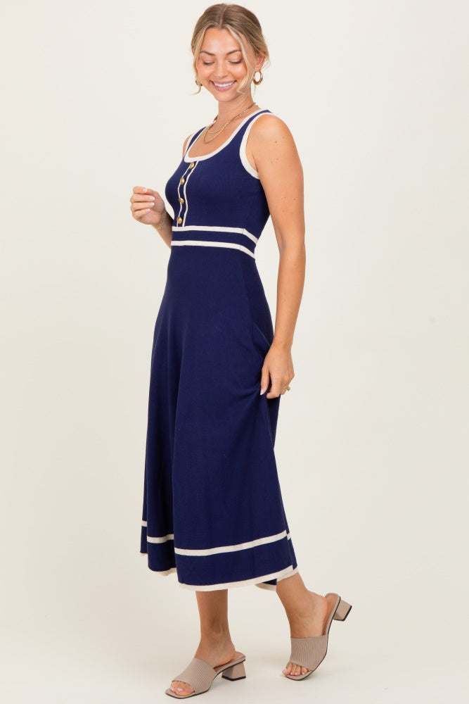 Navy Ribbed Knit Button Accent Sleeveless Midi Dress