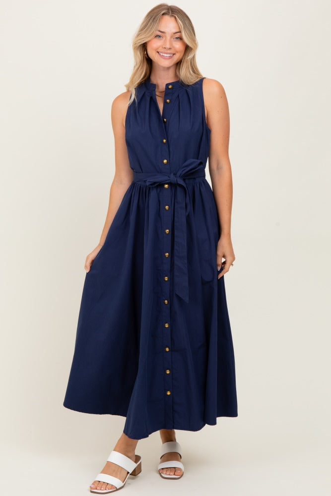 Navy Button Down Sleeveless Shirt Dress