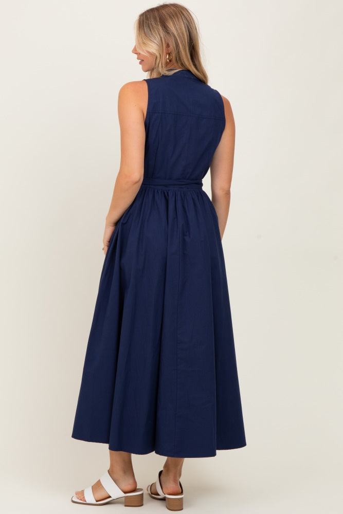 Navy Button Down Sleeveless Shirt Dress