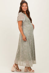 Light Olive Floral Chiffon V-Neck Maternity Maxi Dress
